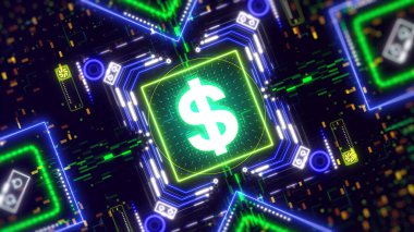 Amerikan doları tabelası fütüristik illüstrasyon. Neon arkaplanda para simgesi