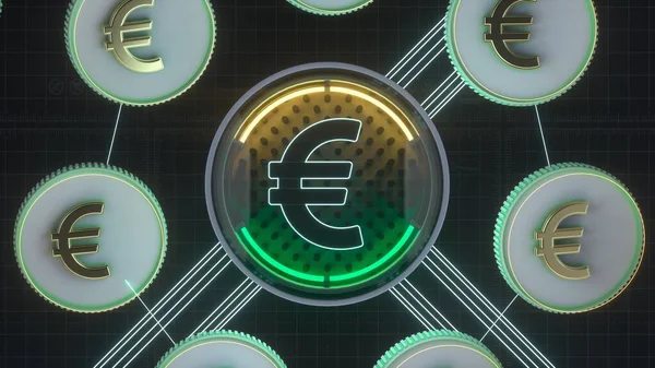 Simbol Euro neon. Eropa konsep bursa saham cryptocurrency. Ilustrasi 3d — Stok Foto