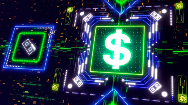 Dijital para finans sembolü 3D görüntüleme. Siber arka planda Amerikan doları işareti — Stok fotoğraf
