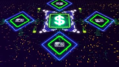 Sanal para madenciliği konsepti. Hata arka planında neon dolar sembolü