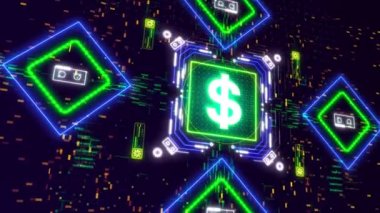 Siber arka planda dolar döviz işareti animasyonu. Birleşik Devletler sembolü.