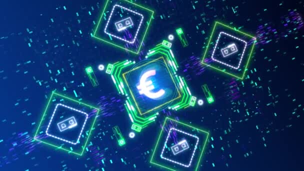 Euro ciber moneda concepto animado. Contexto financiero digital — Vídeo de stock