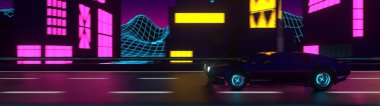 80 'lerin geçmişe dönük 3D illüstrasyon. Geleceği parlak bir araba neon şehrin içinden geçiyor.