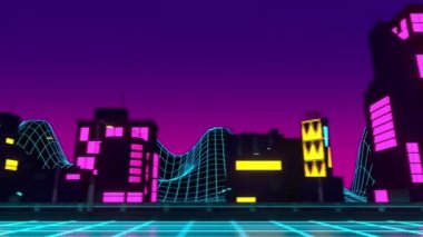 Neon City geçmişe dönük 3D canlandırma. Fütürist manzaranın döngü animasyonu