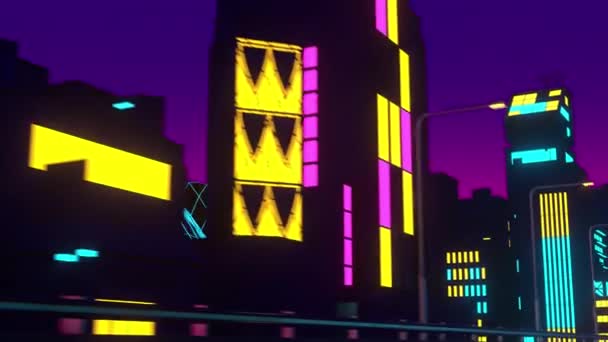 Futuristische neon megalopolis achtergrond. Loop animatie van retrowave stijl stad — Stockvideo