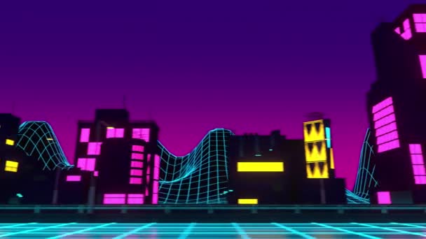 Neon stad retro achtergrond 3d renderen. Lusanimatie van het futuristische landschap — Stockvideo