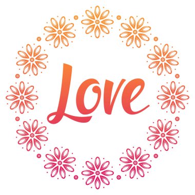 Ortasında aşk sözcüğü olan çiçeklerden yapılmış çelenk. Kart Sevgililer Günü