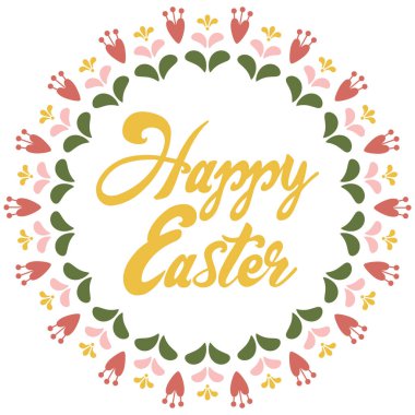 Mutlu Paskalyalar yazılı tebrik kartı. Dallı Mandala, pembe yapraklı.