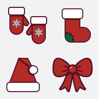 Noel Baba kostümü seti. Eldivenlerin, şapkanın, çorabın, papyonun Noel düz çizimi