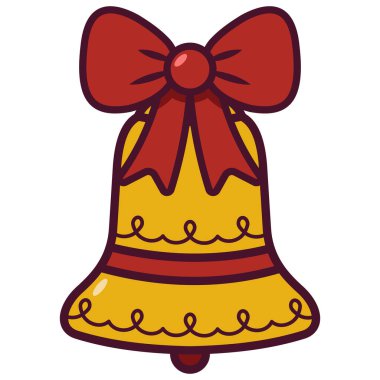 Kırmızı kurdeleli altın Noel çanı. Tatil dekorasyon sembolü.