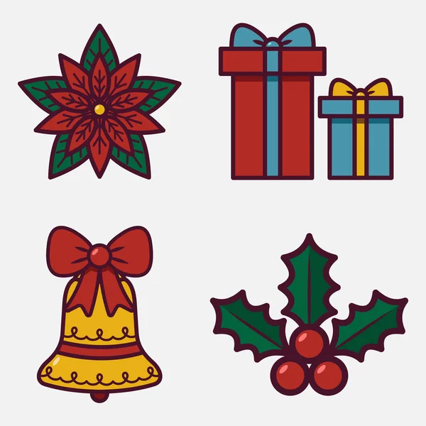 Düz kış bayramı sembolleri seti. Vektör çanı, Holly, hediye kutusu, nokta atışı.