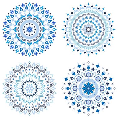 Soyut mavi mandala süsü seti. Kumaş üzerindeki parmak izi için mavi çiçek çizimi