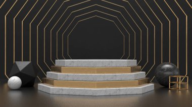 Mermer ve altın podyum soyut 3D çizim. Moda tasarım modeli