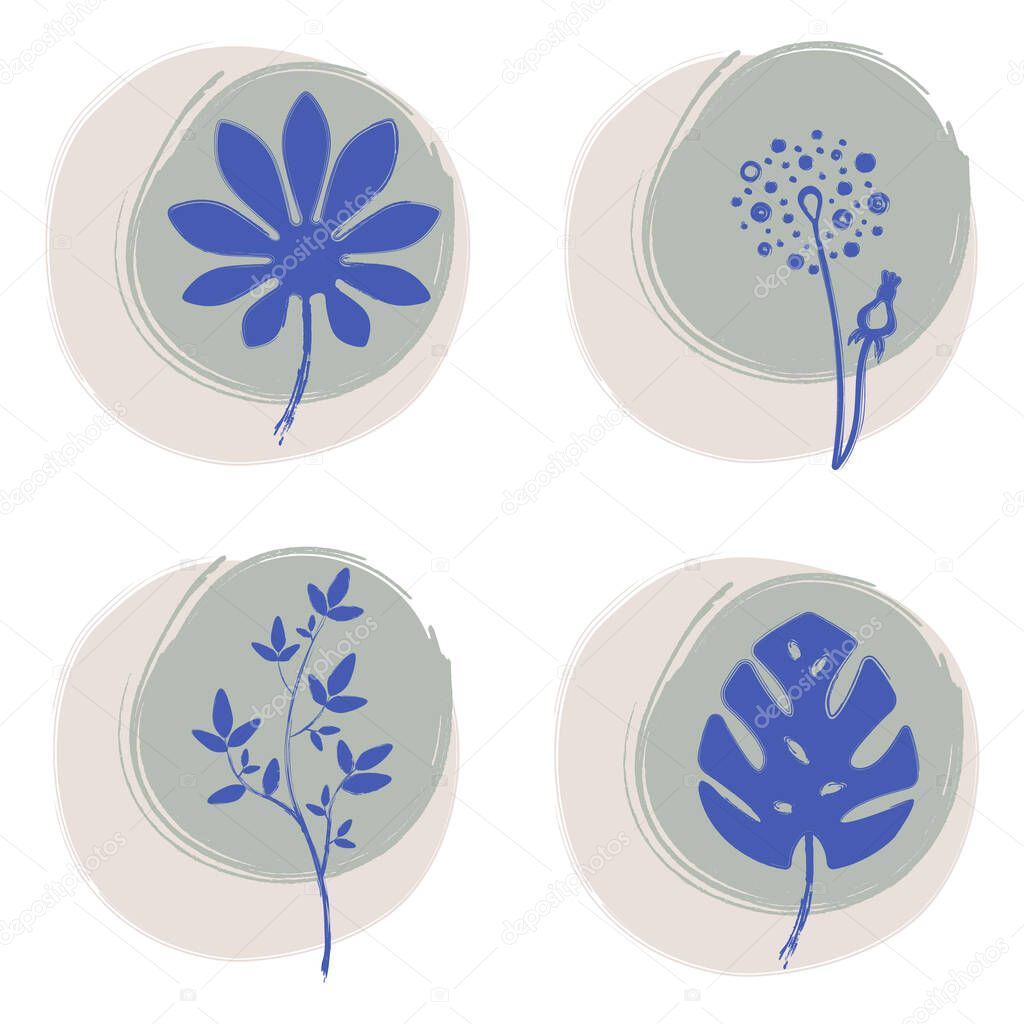 Set of four trendy floral illustrations on abstract background. Blue Plant leaf