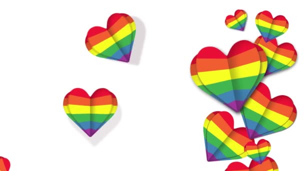 Regenboog harten op witte achtergrond. Vliegende harten lgbt trots symbool animatie — Stockvideo