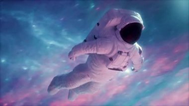 Uzay girdabı tünel döngüsündeki astronot 3D animasyon. Neon uzay retrodalga arkaplanı