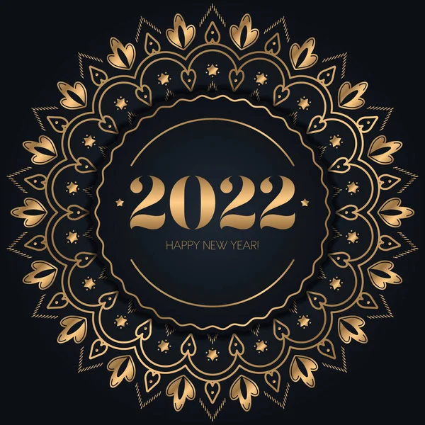 Yeni yıl 2022 selamlama illüstrasyonu. Siyah arkaplanda altın çiçekli süs
