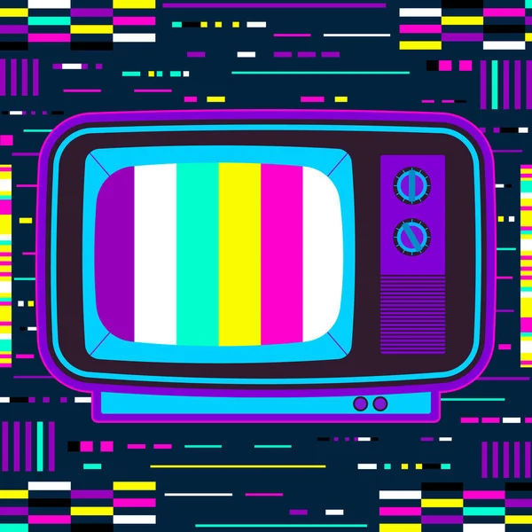 Retro tv with glitch effect. Neon color abstract background vector illustration — Stock Vector