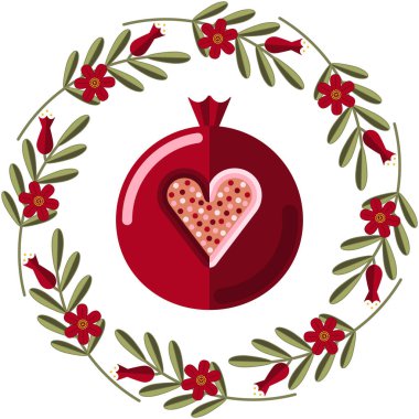 Çiçek çelenkli hoş bir nar çizimi. Düz meyve