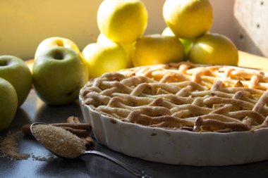 Masada nefis elmalı turta. Taze elmalar, tarçınlı çubuklar ve klasik Amerikan turta manzaralı fotoğraf. Şükran Günü menüsü fikirleri. Elmalı turta manzaralı fotoğraf. Ev yapımı elmalı turta. Yakın plan.. 
