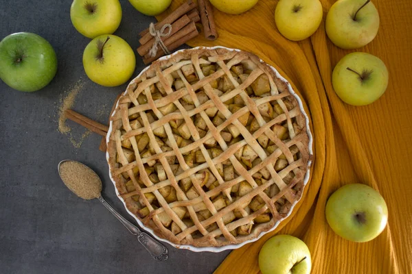 Tarte Aux Pommes Avec Décoration Treillis Tarte Dessert Maison Vue — Photo