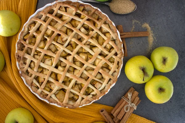 Яблочный Пирог Классический Осенний Торт Столе Свежий Домашний Десерт — стоковое фото