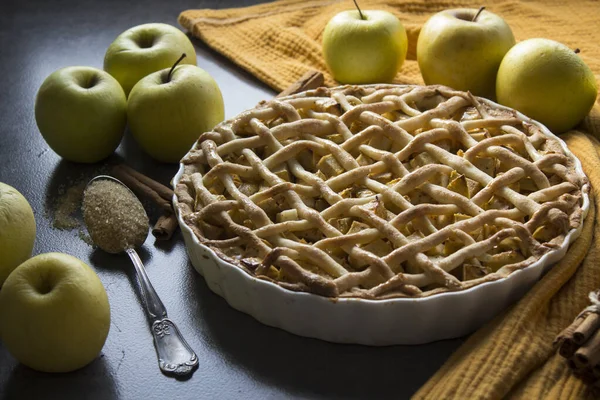 Добавлен Яблочный Пирог Сахара Концепция Здорового Питания Классический Осенний Торт — стоковое фото