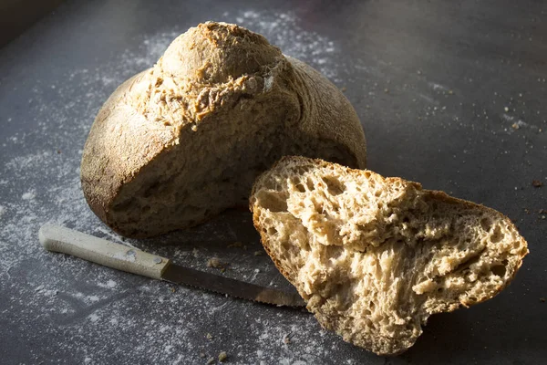Sourdough Bread Table Close Photo Fresh Baked Homemade Bread Dark — Stock Photo, Image