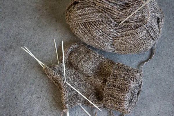 Knitting Socks Work Progress Top View Photo Wool Yarn Knitting — Stock Photo, Image