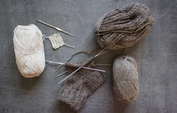 Knitting Socks Needlework Progress Top View Photo Brown Sock Made — Stock Photo, Image