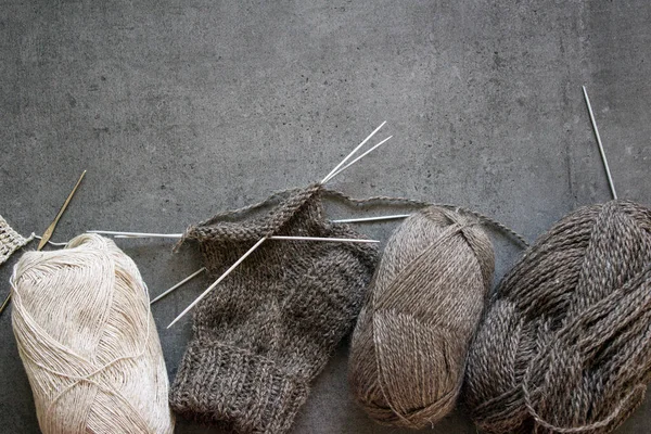 Knitting Socks Needlework Progress Top View Photo Brown Sock Made — Stock Photo, Image