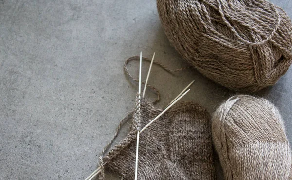 Knitted Warm Socks Made Organic Wool Close Photo Brown Sock — Stock Photo, Image