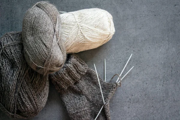 Knitting Socks Needlework Progress Top View Photo Brown Sock Made — Stock Photo, Image