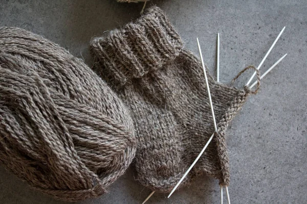 Knitted Warm Socks Made Organic Wool Close Photo Brown Sock — Stock Photo, Image