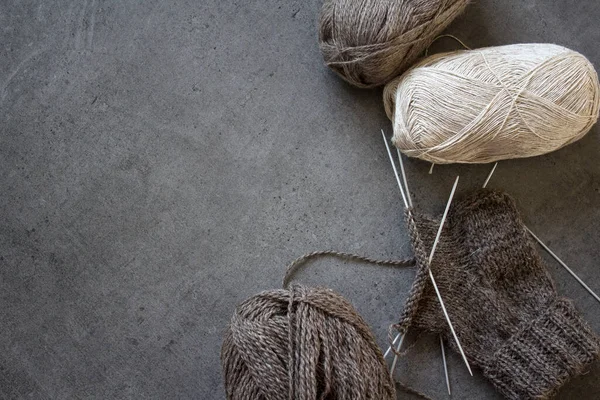 Knitting Socks Needlework Progress Top View Photo Brown Sock Made — Stock Photo, Image