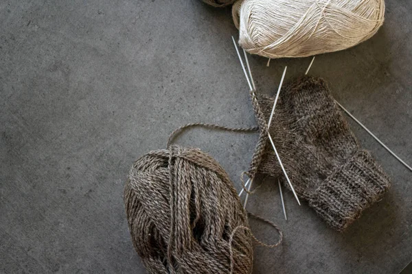 Knitting Socks Needlework Progress Top View Photo Brown Sock Made — Stock Photo, Image