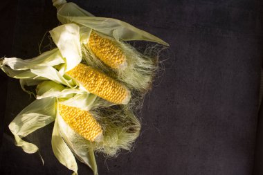 Mutfak masasında tatlı mısır. Koyu gri arkaplan ve fotokopi alanı. Organik sebzeler üst görünüm fotoğrafı. 
