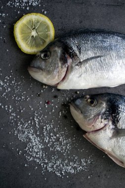 Limonlu ve tuzlu deniz kepekli dorado balığı. Gri desenli arka planda fotokopi alanı var. Pişmemiş balık manzaralı fotoğraf. Dengeli diyet kavramı. 