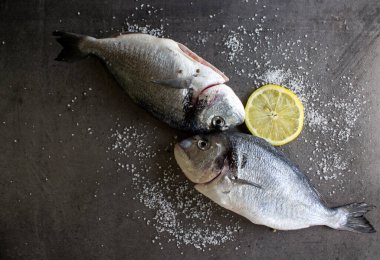 Mutfak masasında pişmemiş balık. Taze Dorado 'nun deniz tuzu ile yakın plan fotoğrafını çek. Gri desenli arka plan. Sağlıklı yeme kavramı.