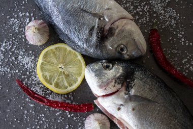 Gri desenli arka planda deniz kepeği dorado. İki çiğ balık, limon dilimleri, kırmızı biber, sarımsak soğanı ve deniz tuzu. Dengeli diyet kavramı. 