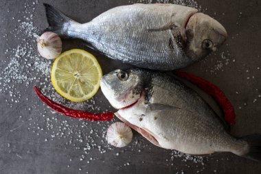Gri desenli arka planda deniz kepeği dorado. İki çiğ balık, limon dilimleri, kırmızı biber, sarımsak soğanı ve deniz tuzu. Dengeli diyet kavramı. 