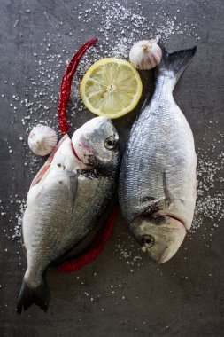 Gri desenli arka planda deniz kepeği dorado. İki çiğ balık, limon dilimleri, kırmızı biber, sarımsak soğanı ve deniz tuzu. Dengeli diyet kavramı. 