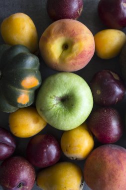 Taze mevsimlik meyve ve sebzeler yakın plan fotoğrafı. Ham malzemelerin canlı renkleri. Sağlıklı yeme kavramı. 