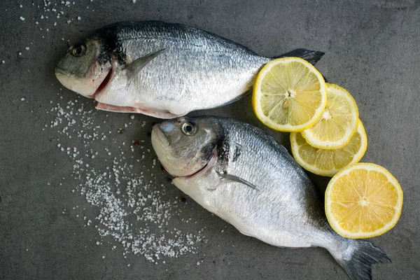 Mar Bream Dorado Peixe Com Limão Sal Sobre Fundo Cinza — Fotografia de Stock