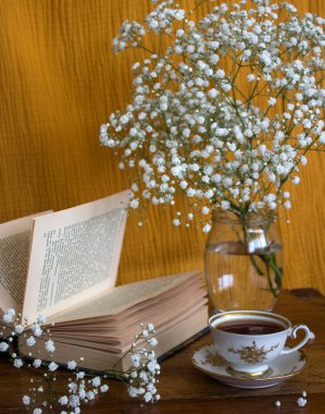 Basit kompozisyon, küçük bir fincan çay, açık kitap ve cam kavanozda çingene çiçekleri ile hayat..  
