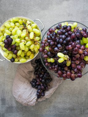 Bir sürü taze üzüm. Vazodaki üç farklı tipte üzüm. Yeşil, kırmızı ve siyah üzümler yakın çekim fotoğrafı. Mevsimlik meyveler masada. Sağlıklı yeme kavramı. 