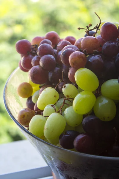 Diferentes Tipos Uvas Vaso Vidro Frutas Verão Fecham Foto Comer — Fotografia de Stock