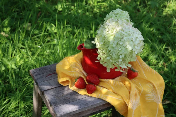 Red kettle, strawberries, white Hydrangea flowers on a table. Still life photo. Sumer in the garden.