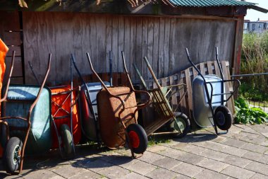 Renkli eski el arabaları. Köy hayatı. Farklı renklerde bahçe ekipmanları. 