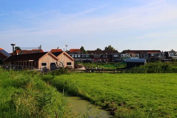 田舎の風景 緑の芝生 木造住宅 晴れた日の写真 オランダの村の風景 — ストック写真